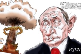In the cartoon, Vladimir Putin says "We are currently working to reduce our nuclear weapons stockpile" while a mushroom cloud is seen over Ukraine in the background.