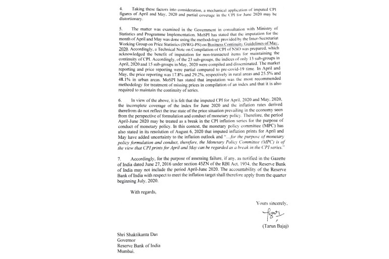 Extract from a letter written by India's then economic affairs secretary Tarun Bajaj to RBI governor Shaktikanta Das on September 23, 2020 