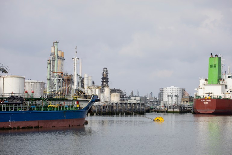 View of the petrochemical facilities in Rotterdam port in 2021