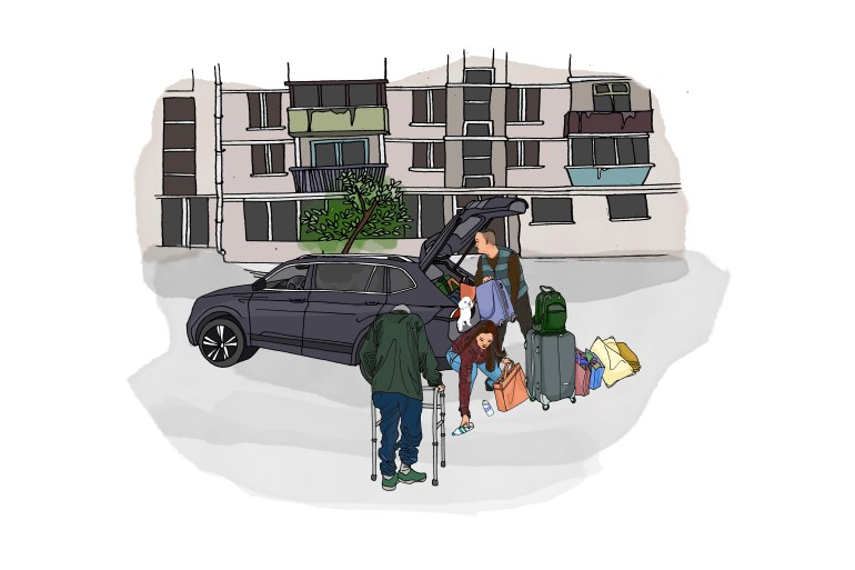 Drawing of a family packing up a car to leave Ukraine