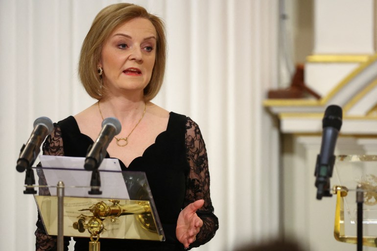 British Foreign Secretary Liz Truss delivers a speech at Mansion House in London, Britain