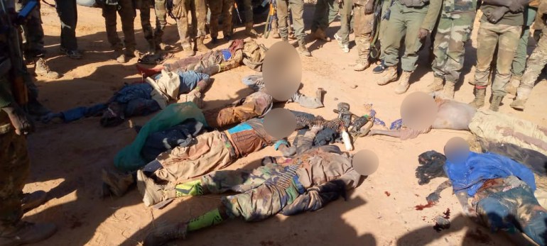 The bodies of men killed in a recent operation by the Malian military and suspected operatives of the Russian private military contractor group Wagner, in the central Malian town of Moura.