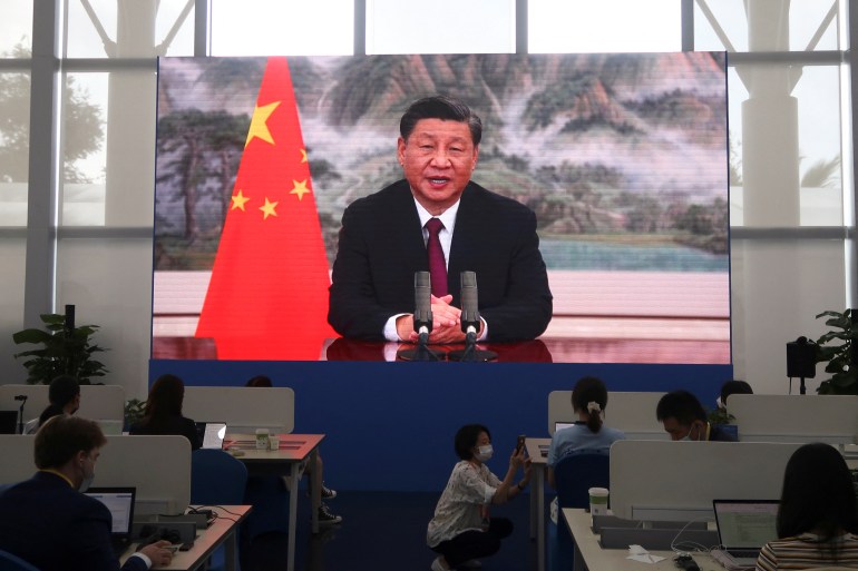 Chinese President Xi Jinping delivering keynote speech at opening ceremony of the Boao Forum for Asia via video link, at a media centre in Boao, Hainan province.