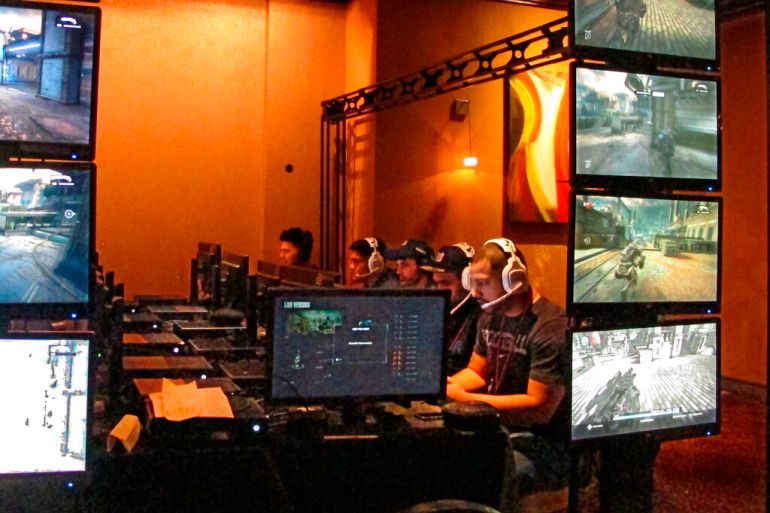 A competitive video game tournament is shown in this photo, at Caesars casino in Atlantic City, New Jersey, United States