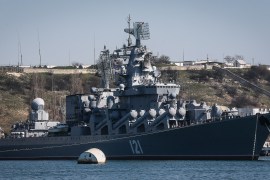 Russia warship 'Moskva' moored in the bay of the Crimean city of Sevastopol, 30 March, 2014.