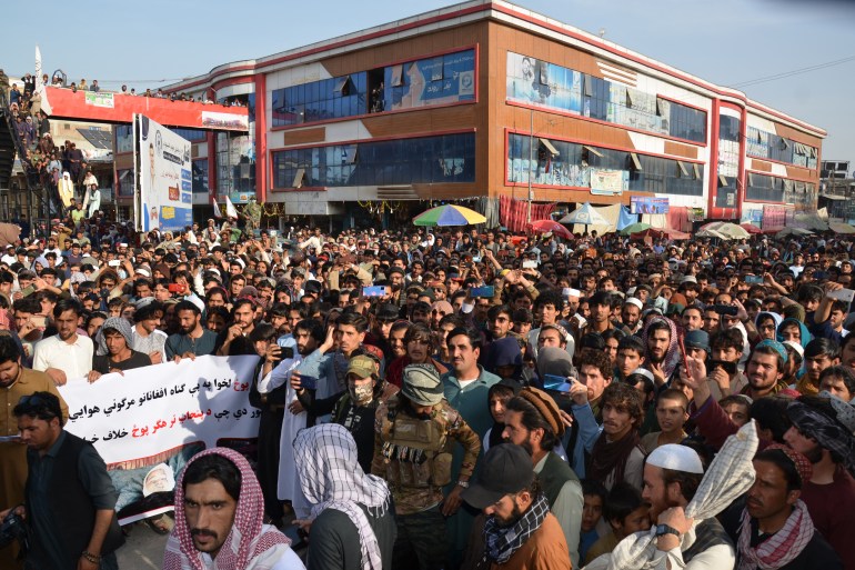 Demonstrators take part in a protest against Pakistani airstrikes, in Khost on April 16, 2022. At least five children and a woman were killed in an eastern province of Afghanistan when Pakistani military forces allegedly fired rockets along the border. in a pre-dawn assault on Saturday. [AFP]