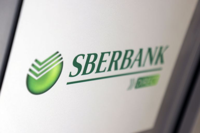 Signage for Sberbank Direct at a building that houses the bank's office in Frankfurt, Germany