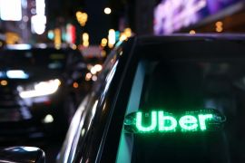 An unauthorised device displays a version of the Uber logo on a vehicle in Manhattan, New York City, New York, U.S