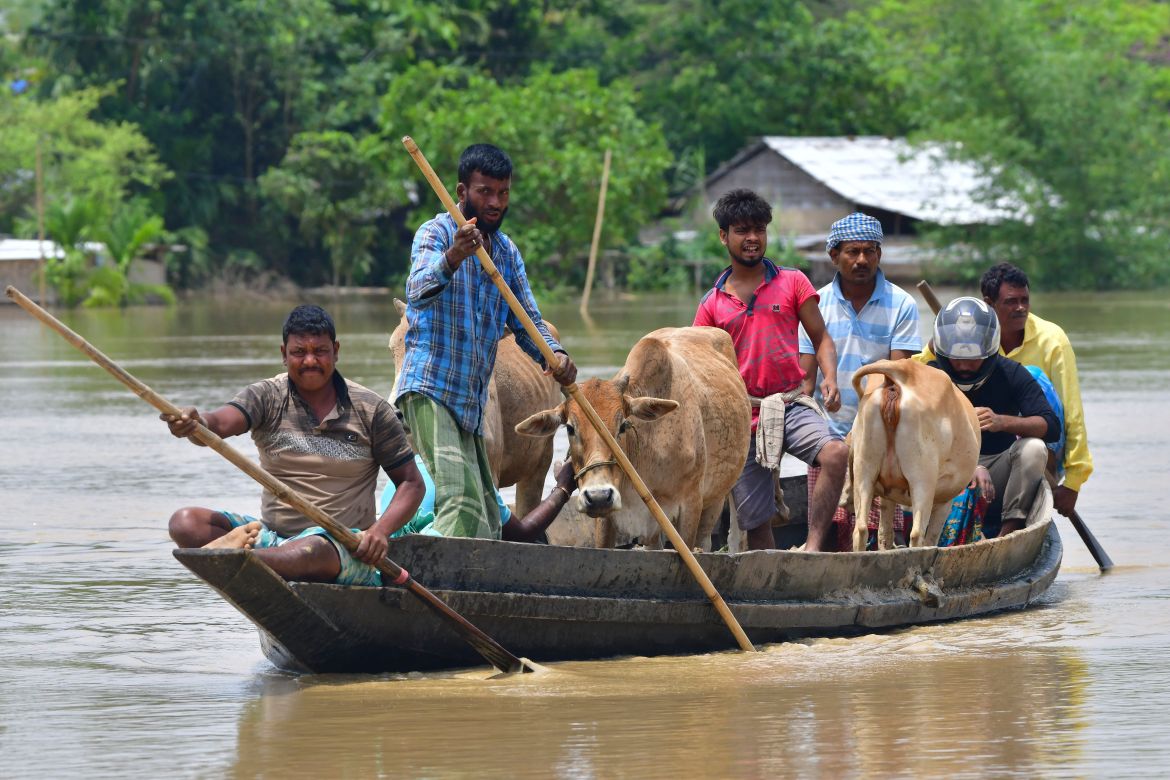 Villagers travel with their cattle on a boat through a flooded area after heavy rains in Nagaon district, Assam