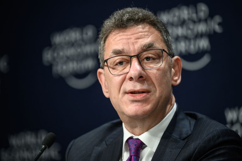 US pharmaceutical giant Pfizer CEO Albert Bourla attends a press conference on the sidelines of the World Economic Forum (WEF) annual meeting in Davos