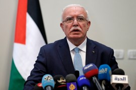 Palestinian Foreign Minister Riyad al-Maliki speaks during a joint press conference with his Swedish counterpart in the West Bank city of Ramallah
