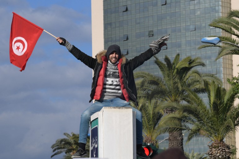 A Tunisian demonstrator waves his country's national flag.