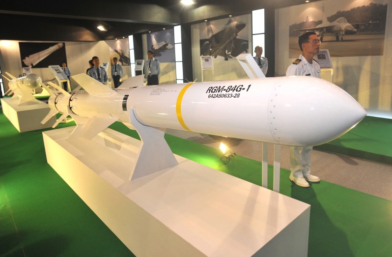 A Harpoon missile on display at the Taipei Aerospace and Defence Technology Exhibition in 2011 [Patrick Lin/AFP]