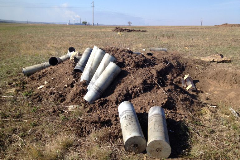 Cartridges of artillery shells are seen at the trenches near Starobesheve, controlled by pro-Russian separatists, in eastern Ukraine.