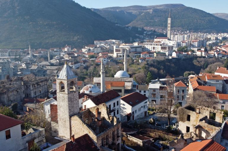 Aerial view of buildings, mosques and churches destroyed during the 1992-1995 war in the old part of Mostar