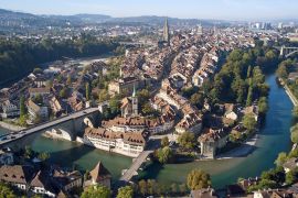 The old town of Bern and the Aare river are pictured in early autumn light in Bern, Switzerland