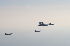 Russian aircrafts are pictured after two Russian aircrafts SU 27 and two SU 24 violated Swedish airspace, amid Russia's invasion in Ukraine, east of Gotland, over the sea March 2, 2022. Picture taken March 2, 2022.