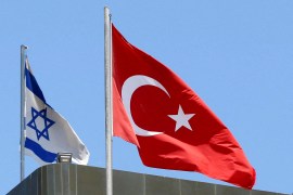 A Turkish flag flutters atop the Turkish embassy in Tel Aviv in 2016