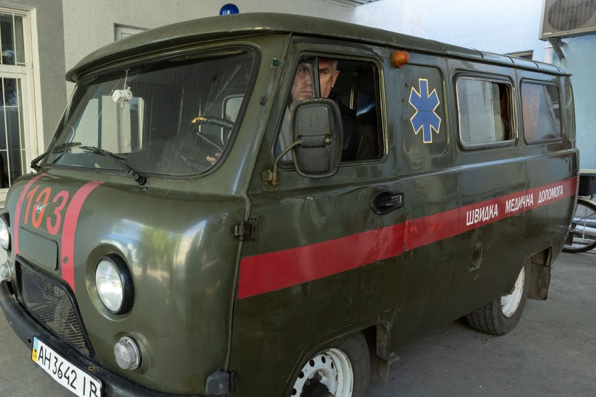 A man drives an ambulance outside a hospital, amid Russia's invasion of Ukraine, in Slovyansk, Donetsk region, Ukraine