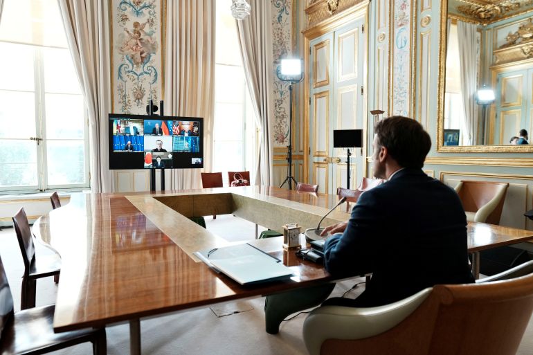 French President Emmanuel Macron takes part in a video-conference of G7 leaders.