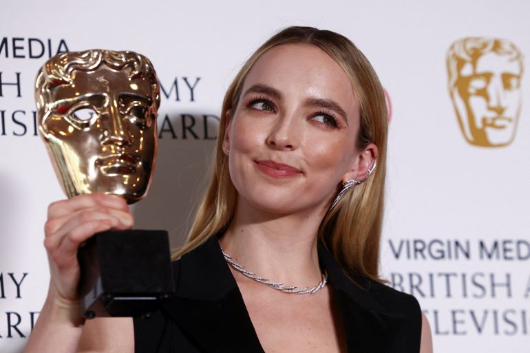 Actor Jodie Comer poses with the "Best Leading Actress" award for "Help" at the British Academy Television Awards in London