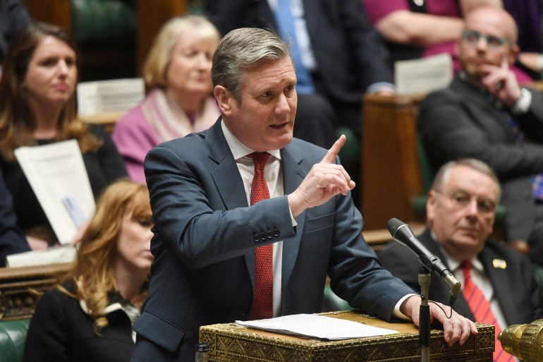 British Labour Party opposition leader Keir Starmer gestures during Prime Minister's Questions at the House of Commons in London, Britain