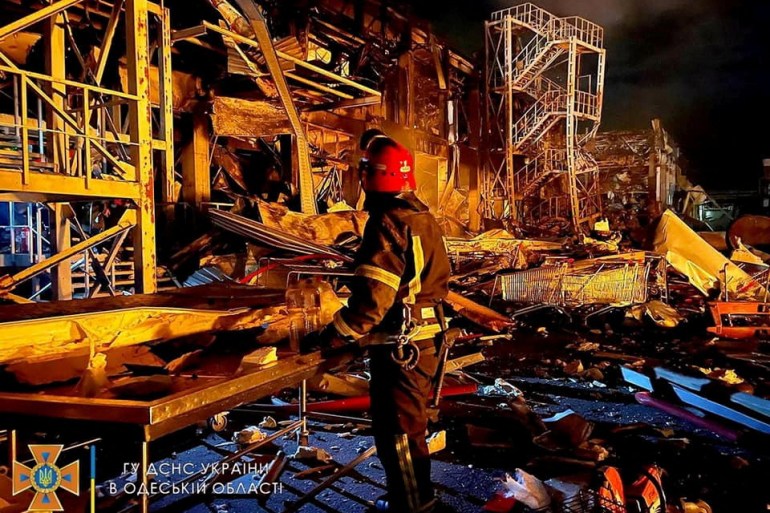A first responder works at the site of a missile strike, amid Russia's invasion of Ukraine, in Odesa, Ukraine in this handout image released May 10, 2022. State Emergency Service of Ukraine/Handout via REUTERS THIS IMAGE HAS BEEN SUPPLIED BY A THIRD PARTY. MANDATORY CREDIT.