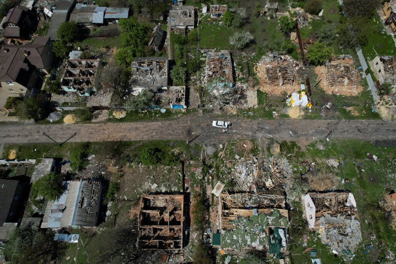 Destroyed houses are pictured in Vilhivka village amid Russia's attack on Ukraine, near Kharkiv, Ukraine, May 11, 2022. 