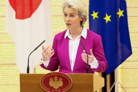 European Commission President Ursula von der Leyen announces a joint statement in Tokyo, Japan.