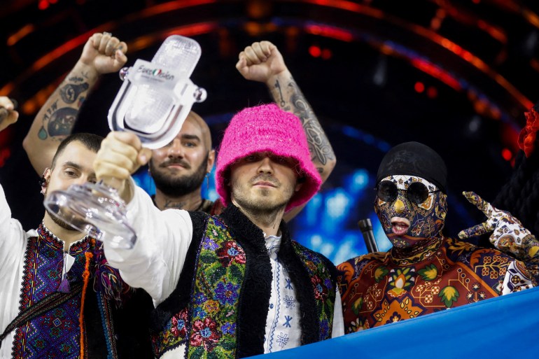 Kalush Orchestra from Ukraine pose after winning the 2022 Eurovision Song Contest in Turin, Italy,