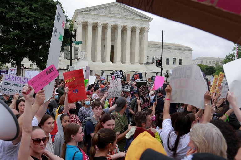 Abortion rights campaigners participate in a demonstration outside the US Supreme Court