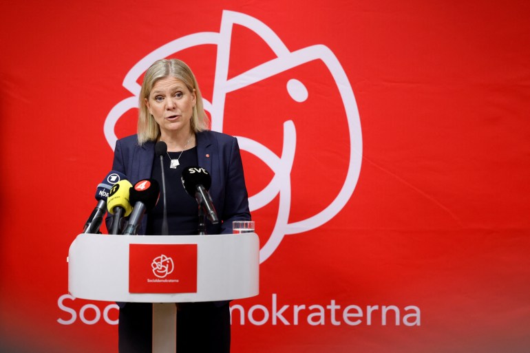 Sweden's Prime Minister Magdalena Andersson holds a news conference following a meeting at the ruling Social Democrats' headquarters on the party's decision on NATO membership.