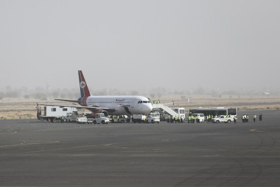 A Yemen Airways plane is prepared for departure at Sanaa Airport as the first commercial flight from the airport in around six years, in Sanaa