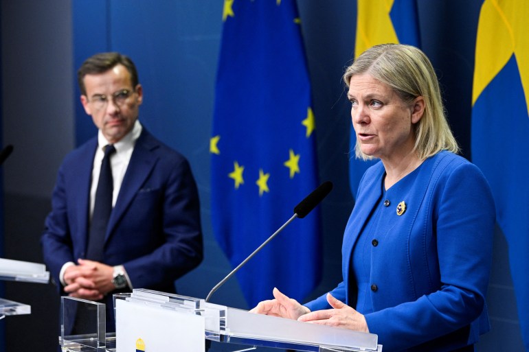 Sweden's Prime Minister Magdalena Andersson is seen holding a news conference in Stockholm