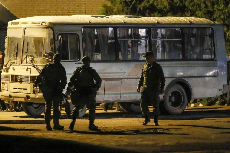 A bus carrying Ukrainian service members from the Mariupol steel plant.