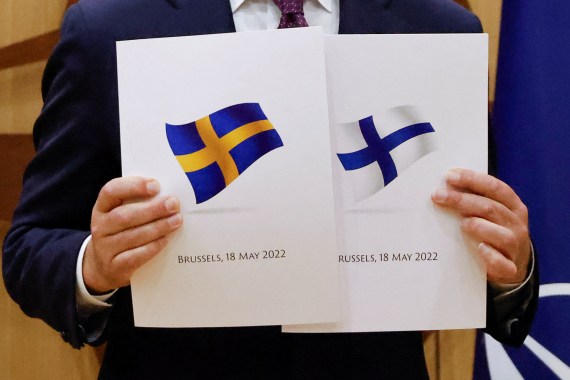 NATO Secretary-General Jens Stoltenberg attends a ceremony to mark Sweden's and Finland's application for membership in Brussels