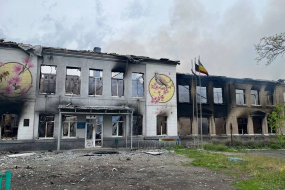 Remains of a school destroyed amid the ongoing Russian invasion of Ukraine are pictured, in Avdiivka, Donetsk Region, Ukraine in this still image released on May 18, 2022.