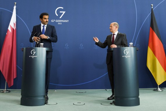 German Chancellor Olaf Scholz and Emir of Qatar Sheikh Tamim bin Hamad Al Thani attend a news conference at the Chancellery, in Berlin, Germany