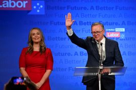 Anthony Albanese, leader of Australia's Labor Party addresses his supporters