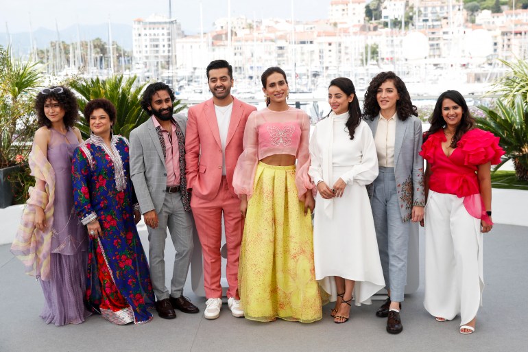 Cast members and crew of Pakitsani film Joyland pose in Cannes
