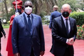 Senegal's president Macky Sall receives German Chancellor Olaf Scholz at the presidential palace in Dakar, Senegal