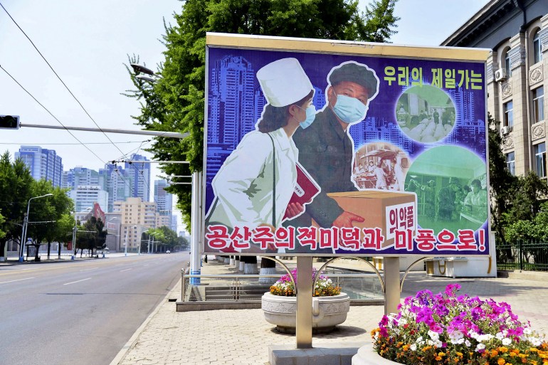 A sign depicting a scene of medical products transportation is displayed at an empty street in Pyongyang