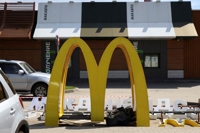 A view shows the dismantled McDonald's Golden Arches after the logo signage was removed from a drive-through restaurant of McDonald's in Khimki outside Moscow