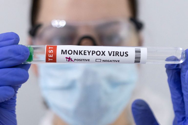 Test tubes labelled "Monkeypox virus positive" are seen in this illustration