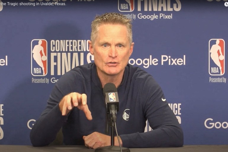 Golden State Warriors head coach Steve Kerr speaks about the Texas shooting at a news conference in Dallas