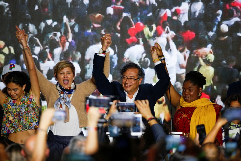 Colombian left-wing presidential candidate Gustavo Petro of the Historic Pact coalition reacts after he came out on top in the first round of the presidential election in Bogota, Colombia May 29, 2022.