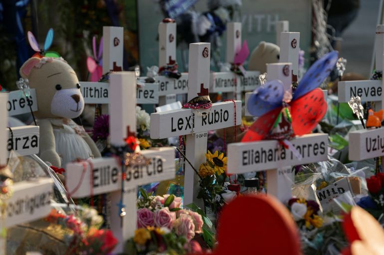 Flowers, toys, and other objects to remember the victims of the deadliest U.S. school mass shooting at Robb Elementary School in Uvalde, Texas, U.S.
