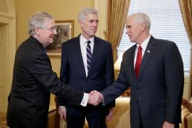 Supreme Court Justice nominee, Neil Gorsuch, center, joined by Vice President Mike Pence, right, meets with Senate Majority Leader Mitch McConnell of Ky. on Capitol Hill in Washington, in 2017.