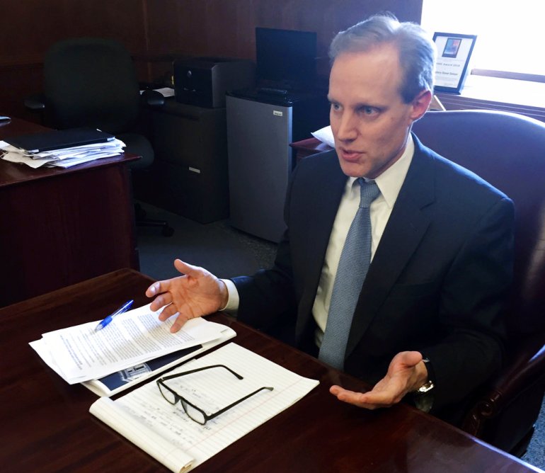 Minnesota Secretary of State Steve Simon discusses election security issues in his office in St. Paul, Minn.