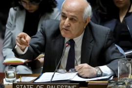 FILE - In this Tuesday, March 26, 2019 file photo, Palestinian Ambassador to the United Nations Riyad Mansour address a U.N. Security Council meeting on the Palestinian and Israeli conflict at U.N. headquarters.